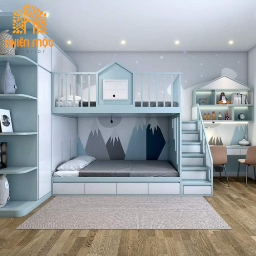Trọn bộ giường tầng cho bé kèm tủ quần áo và bàn học – NMGT14